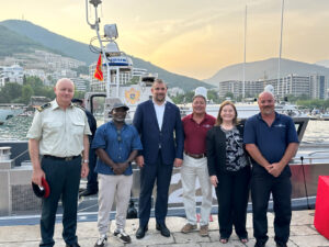 Graduation Ceremony Officials (Left to Right) Brigadier General Zoran Lazarević, Chief of the General Staff of the Armed Forces of Montenegro; Mr. Todd Brundidge, PMS-300F U.S. Navy Foreign Military Sales Office; Dragan Krapović, Minister of Defense of Montenegro; Mr. Shawn Lobree, Silver Ships, Inc.; Ambassador Judy Rising Reinke, U.S. Ambassador to Montenegro; Captain Kevin Collier, Silver Ships, Inc.